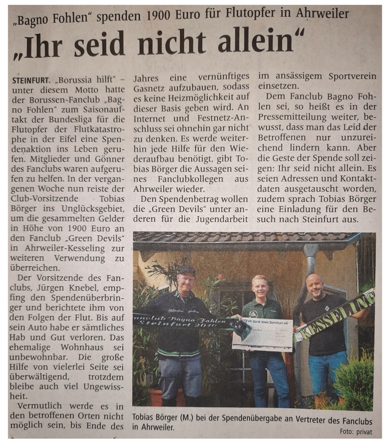 Fanclub Bagno Fohlen Steinfurt hilft den Flutopfern. Fanclub Bagno Fohlen Steinfurt hilft den Flutopfern.